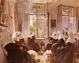 Three Camaldolite Monks at Prayer Paintings - The Lacemakers Of Ghent At Prayer by Max Silbert